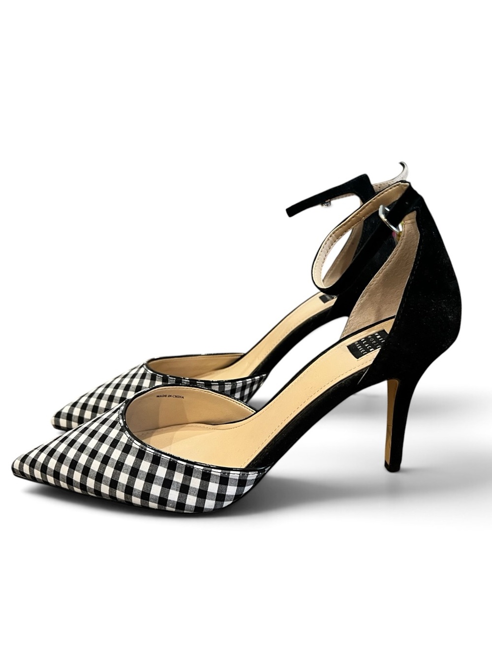 White House Black Market Gianna Gingham Ankle Strap Pumps 8.5 Black White